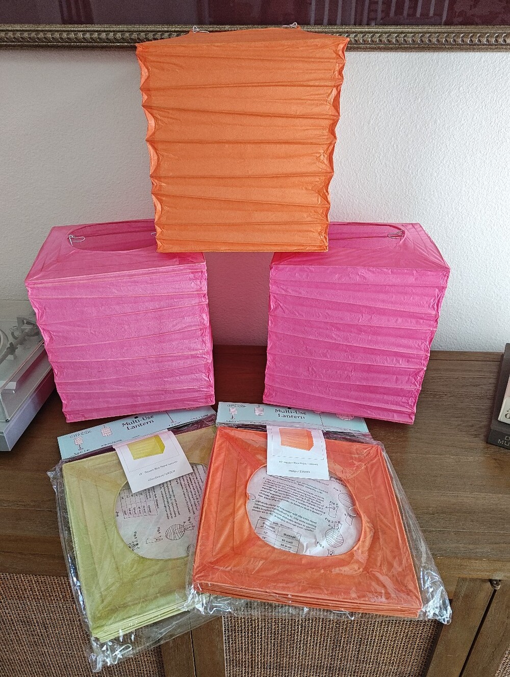 Paper Lanterns and Pom Poms Party Decorations Set Pink Orange Green